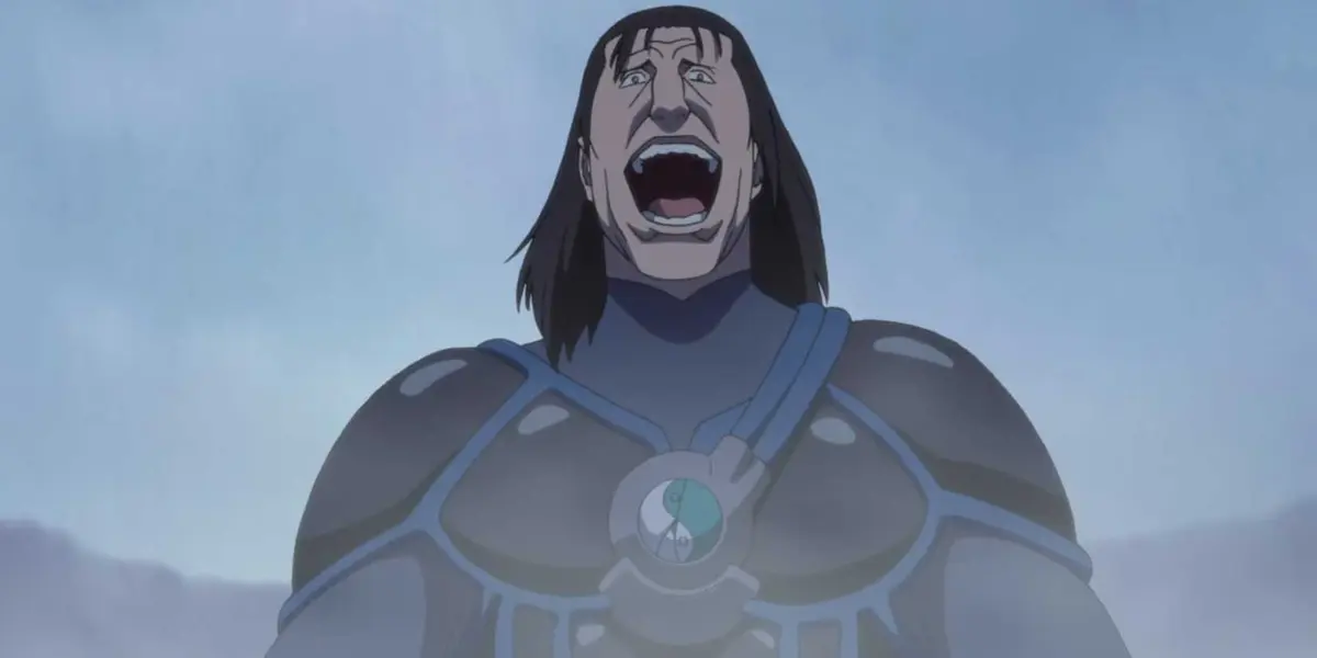 Doto Kazahana laughs after hitting Naruo in Naruto the movie: Ninja Clash in the Land of Snow