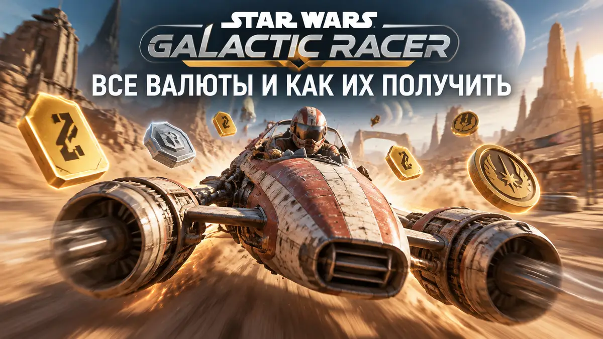 Гоночный под в стиле Star Wars: Galactic Racer несётся по пустынной трассе, кредиты и жетоны вокруг