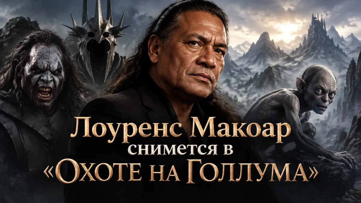 Актёр Лоуренс Макоар на фоне туманных гор Средиземья, постер фильма «Охота на Голлума»