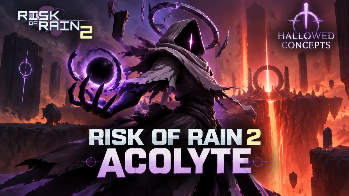 Acolyte из Risk of Rain 2 у огненной пропасти Soulbound Threshold, ключевой арт Hallowed Concepts