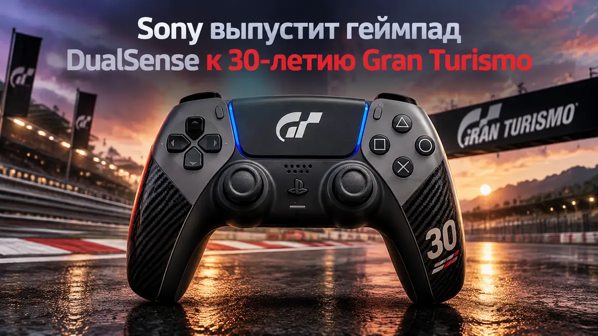 Геймпад DualSense Gran Turismo с карбоновыми вставками и номером 30 на фоне гоночной трассы