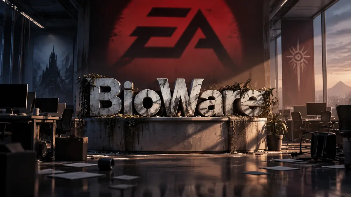Потускневший логотип BioWare на фоне пустого офиса студии и тени логотипа Electronic Arts над ним