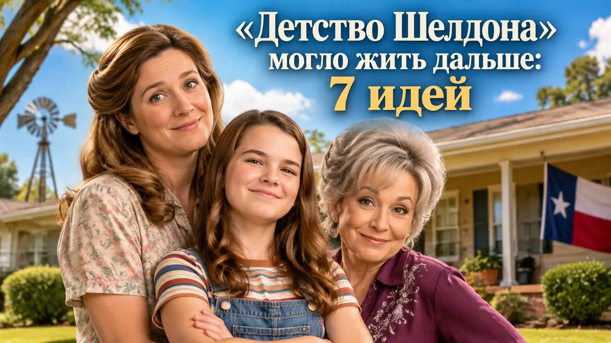 Семья Купер из сериала «Детство Шелдона»: Мэри, Мисси и Мими у дома в Техасе, постер в стиле ситкома