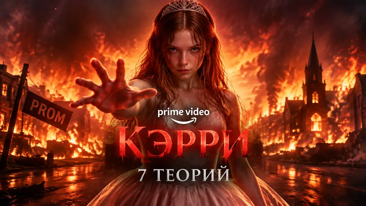 Кэрри Уайт в выпускном платье на фоне пылающего города, постер сериала «Кэрри» Prime Video, сезон 2