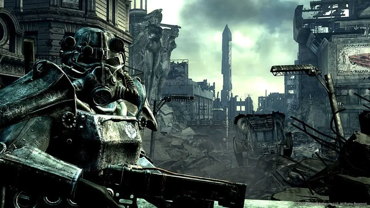 Wastelander in Power Suit inspecting ruins in Fallout 3