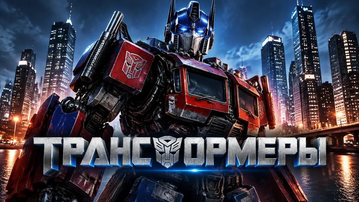 Оптимус Прайм на фоне ночного мегаполиса с логотипом франшизы «Трансформеры» в постерном стиле