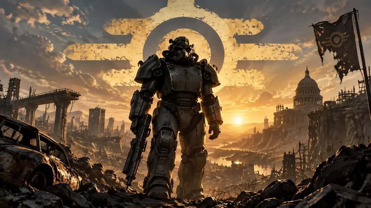 Персонаж Fallout в силовой броне на фоне руин Пустоши и логотипа Fallout к 30-летию серии