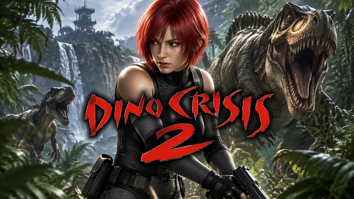 Постер Dino Crisis 2 с Региной среди доисторических джунглей и хищных динозавров
