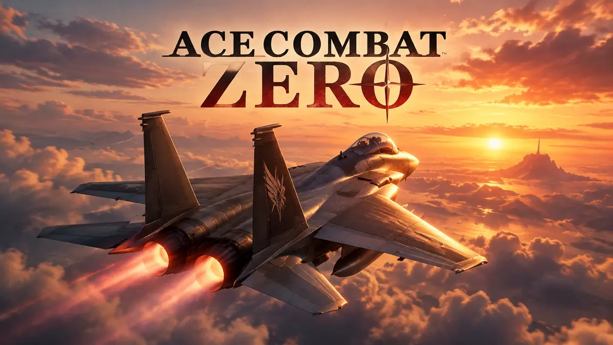 Реактивный истребитель над облаками на закате с логотипом Ace Combat Zero, постер в стиле серии Ace Combat