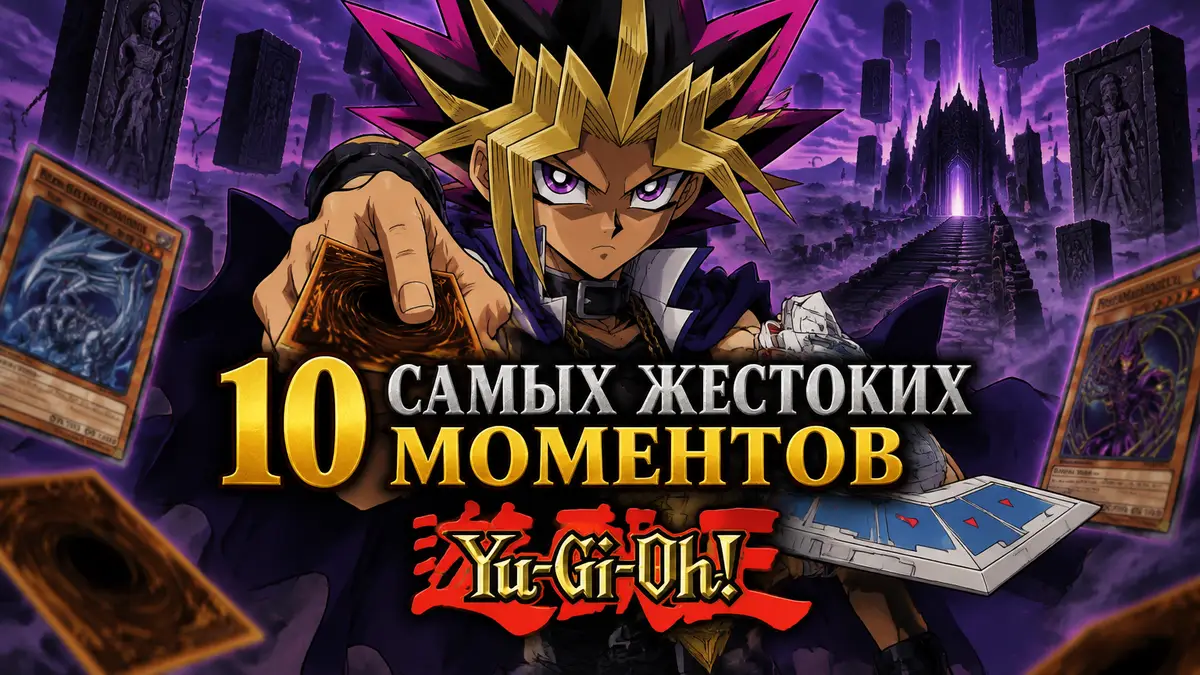 Атем из Yu-Gi-Oh! с Duel Disk на фоне мрачного Shadow Realm и карт Duel Monsters в аниме-стиле
