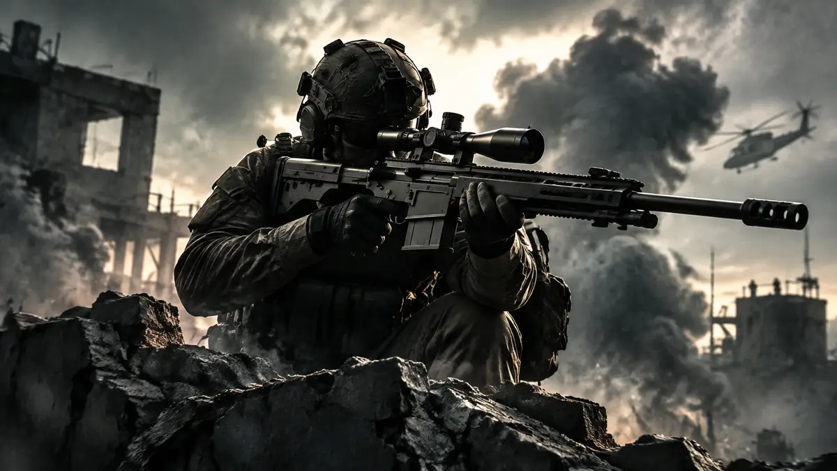 Боец со снайперской винтовкой Signal 50 на фоне дыма в стиле COD Modern Warfare 4