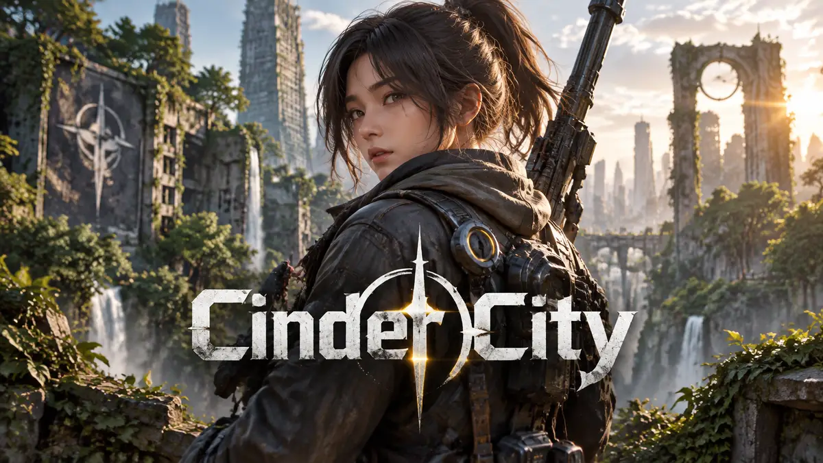 Севен из Cinder City с оружием на фоне заросших зеленью руин города в мягком солнечном свете