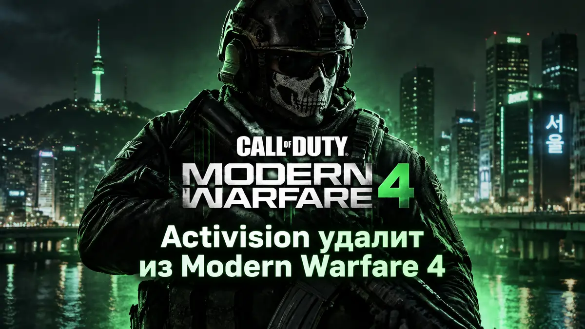 Персонаж Call of Duty: Modern Warfare 4 в зелёном неоновом свете на фоне ночного города с логотипом игры
