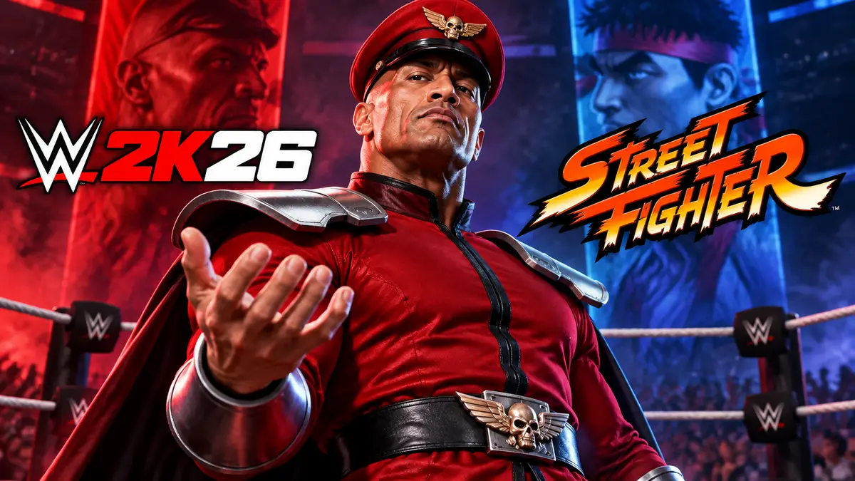 Рестлер Скала в красной форме М. Байсона в центре ринга, логотипы WWE 2K26 и Street Fighter