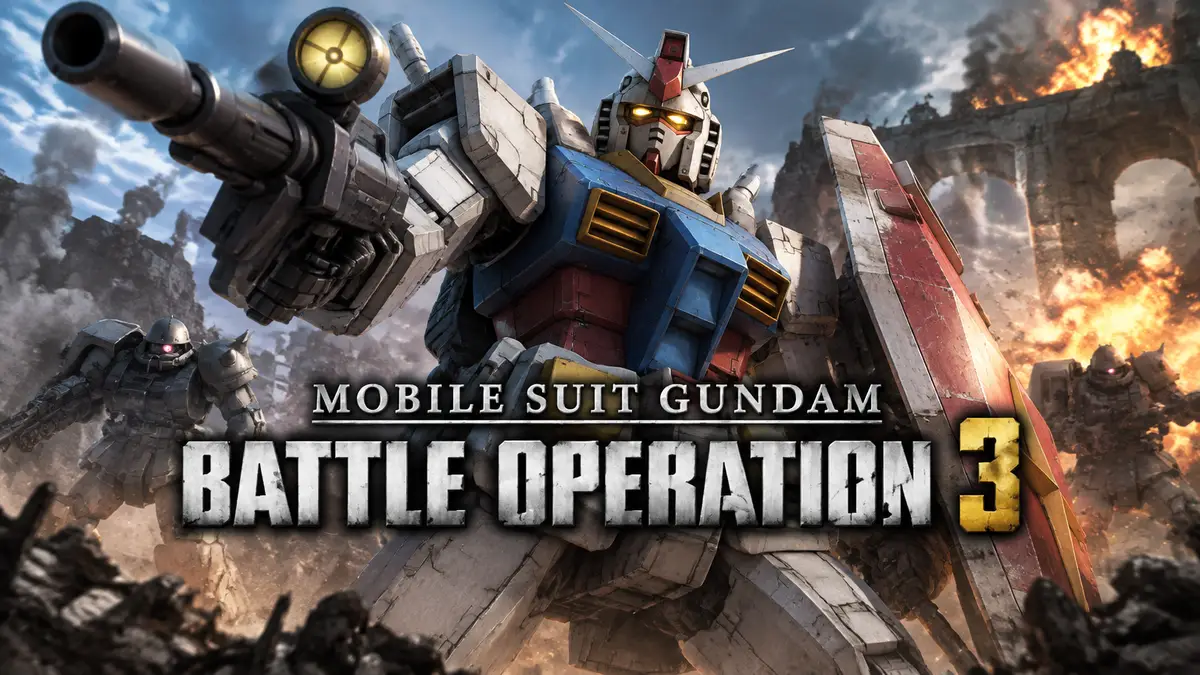 Боевой робот мех на фоне дыма и взрывов в стиле игры Mobile Suit Gundam Battle Operation 3
