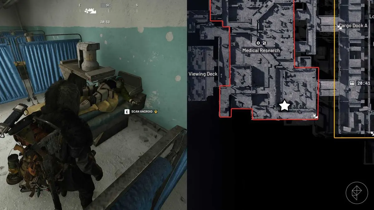 The left-hand side of the image shows the player in Arc Raiders standing next to the objective required for the "Someone Else's Shoes" quest while the right-hand side shows the location marked on the