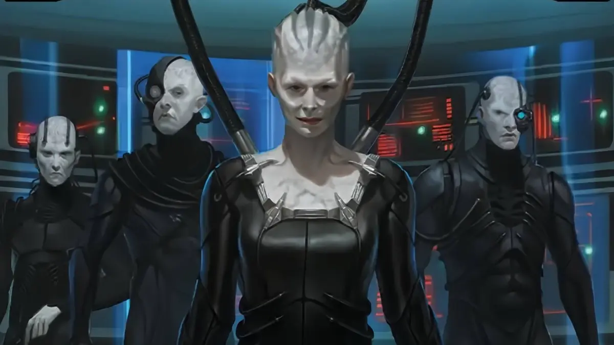 A close up of The Borg Queen from Star Trek MTG.