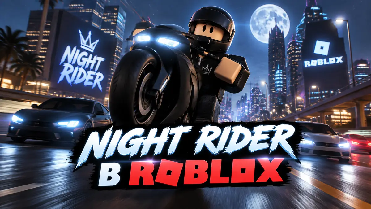 Мотоциклист Night Rider делает вилли на ночном шоссе среди машин и огней города, стиль Roblox