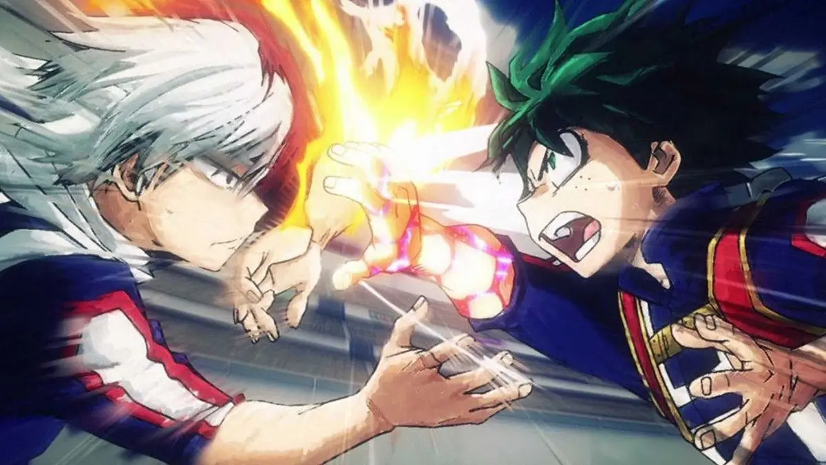 Deku fights Todoroki in My Hero Academia.