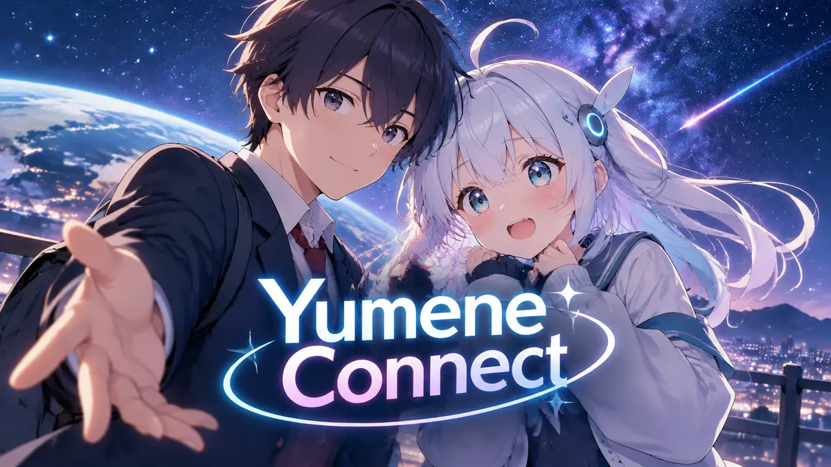 Аниме Yumene Connect: школьник Юхи Такамия и неуклюжая инопланетянка Нано на фоне звёздного неба