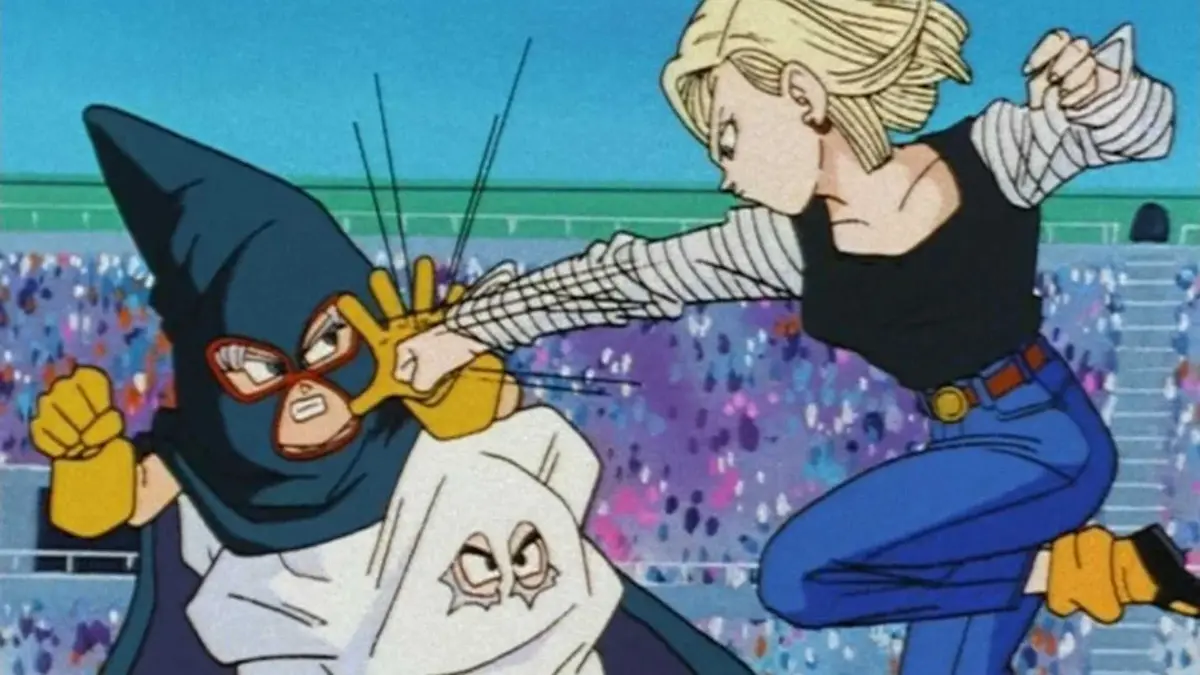 Mighty Mask blocks Android 18's punch in Dragon Ball Z.