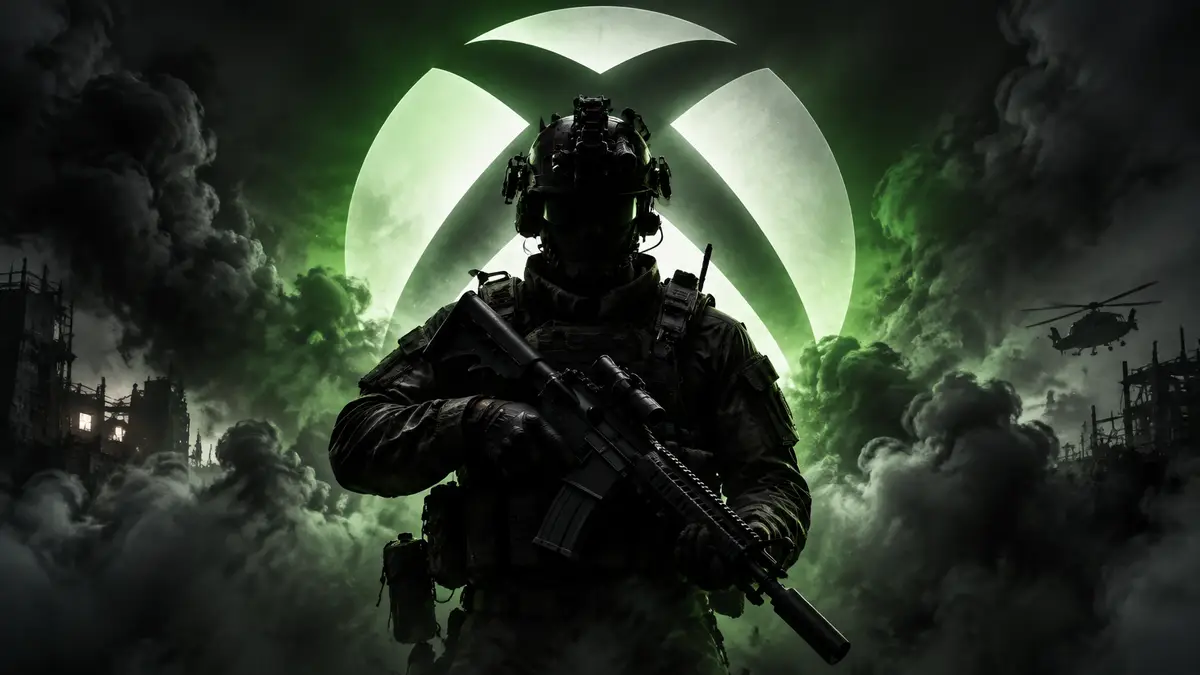 Боец Call of Duty: Modern Warfare 4 на фоне логотипа Xbox Series X и темного дыма