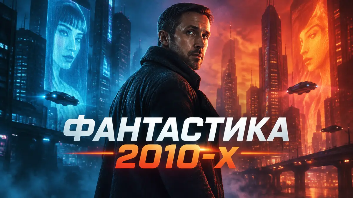 Офицер К в длинном пальто на фоне неоновых небоскрёбов, постер фантастики 2010-х Бегущий по лезвию