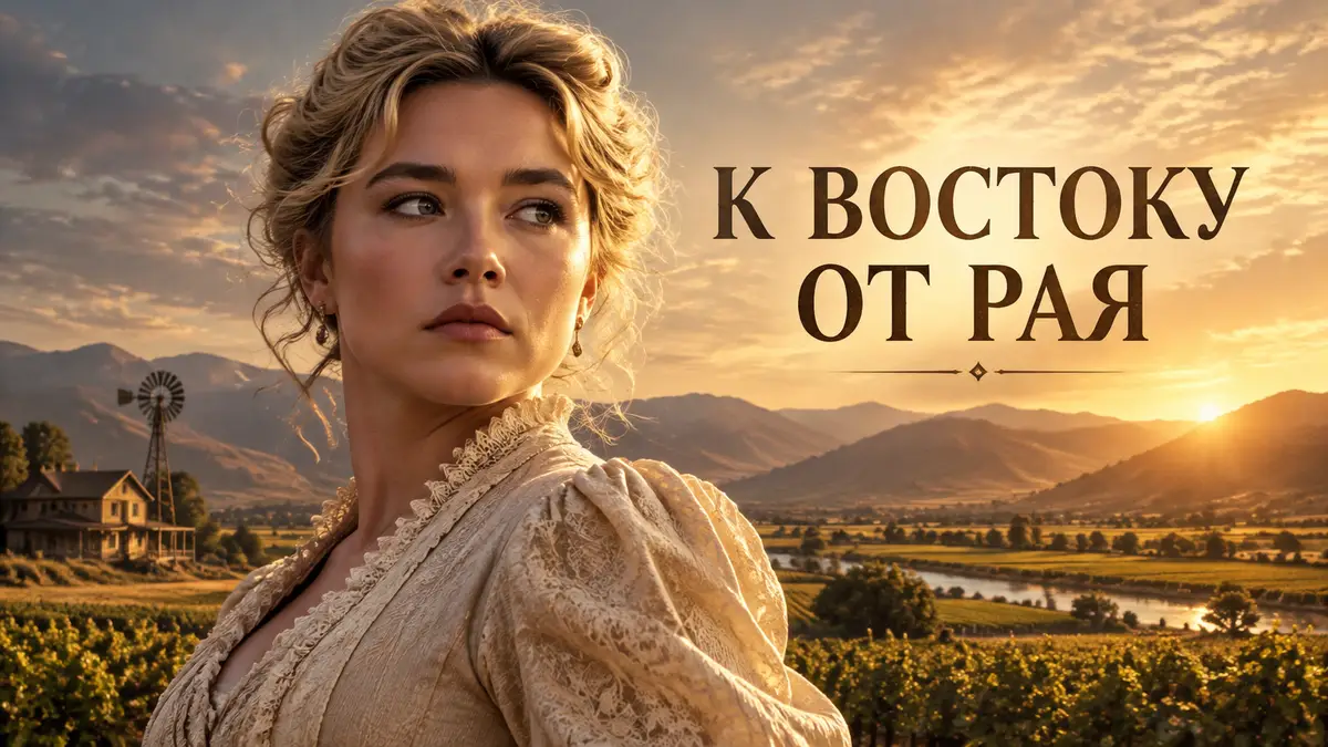 Флоренс Пью в образе Кэти в платье конца XIX века на фоне долины Салинас, постер сериала «К востоку от рая»