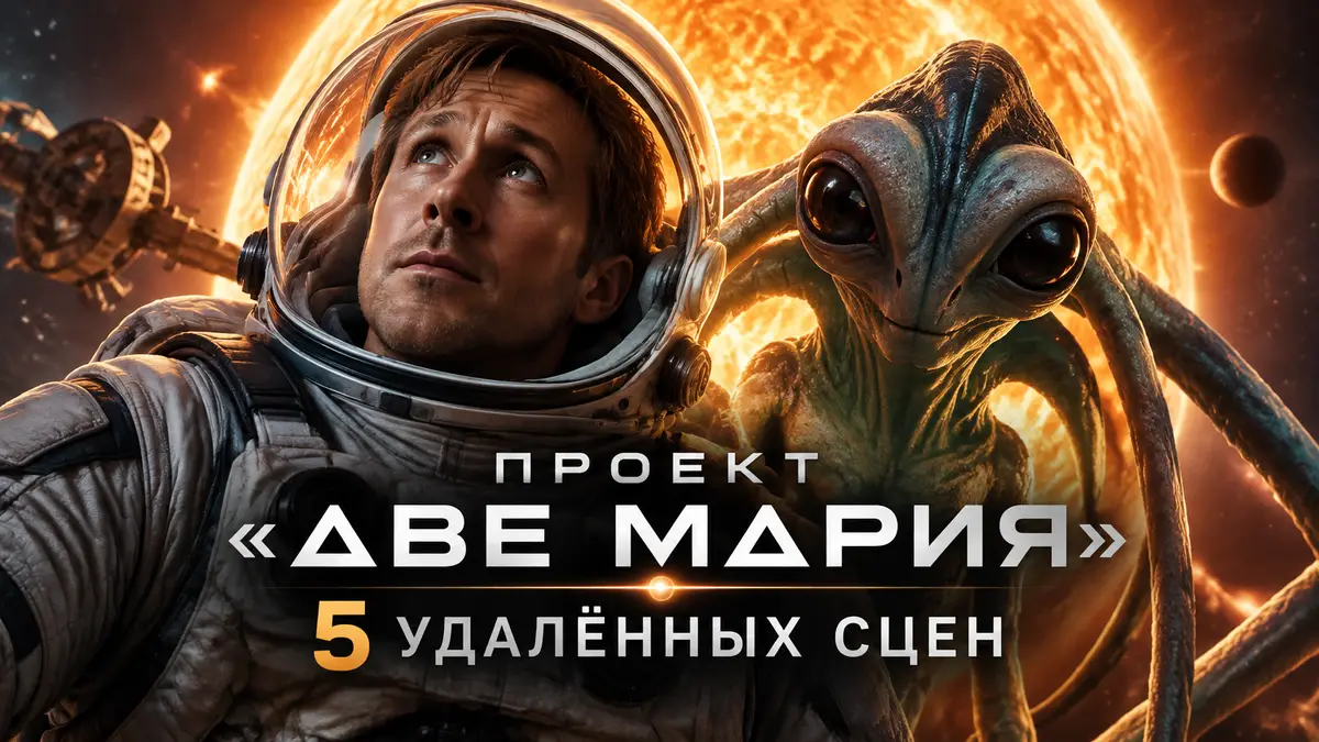 Райланд Грейс в скафандре рядом с инопланетянином Рокки на фоне звезды Тау Кита, постер «Проект „Аве Мария“»