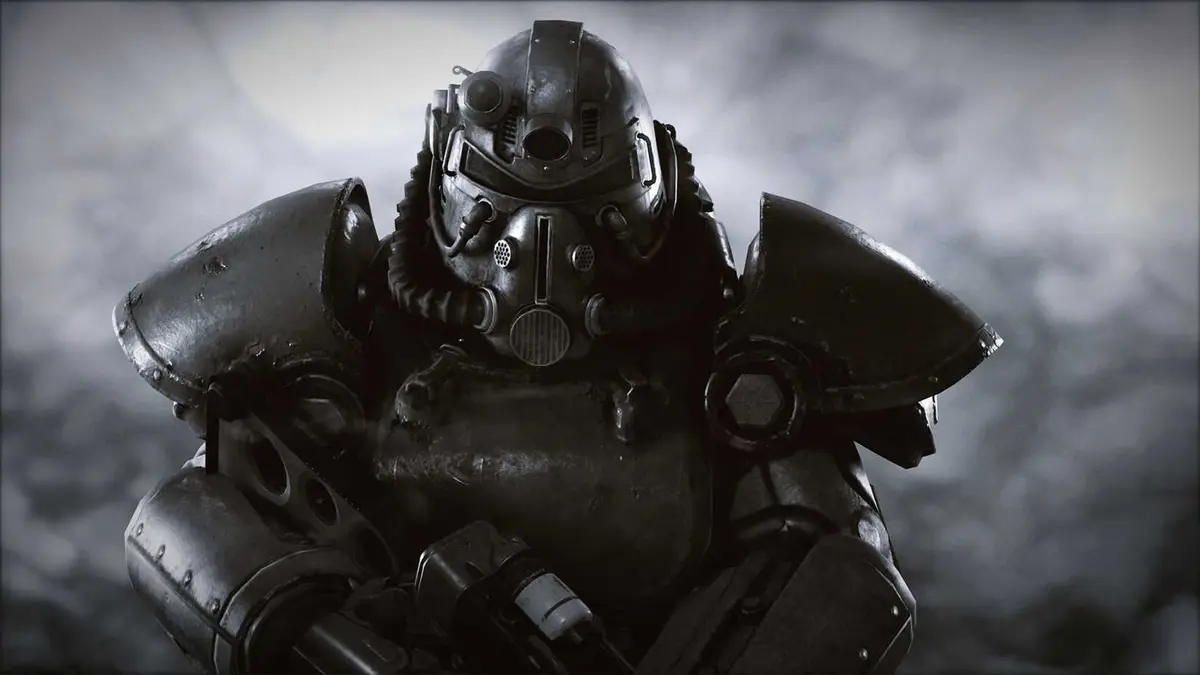 A power armor from Fallout walks through the mists.