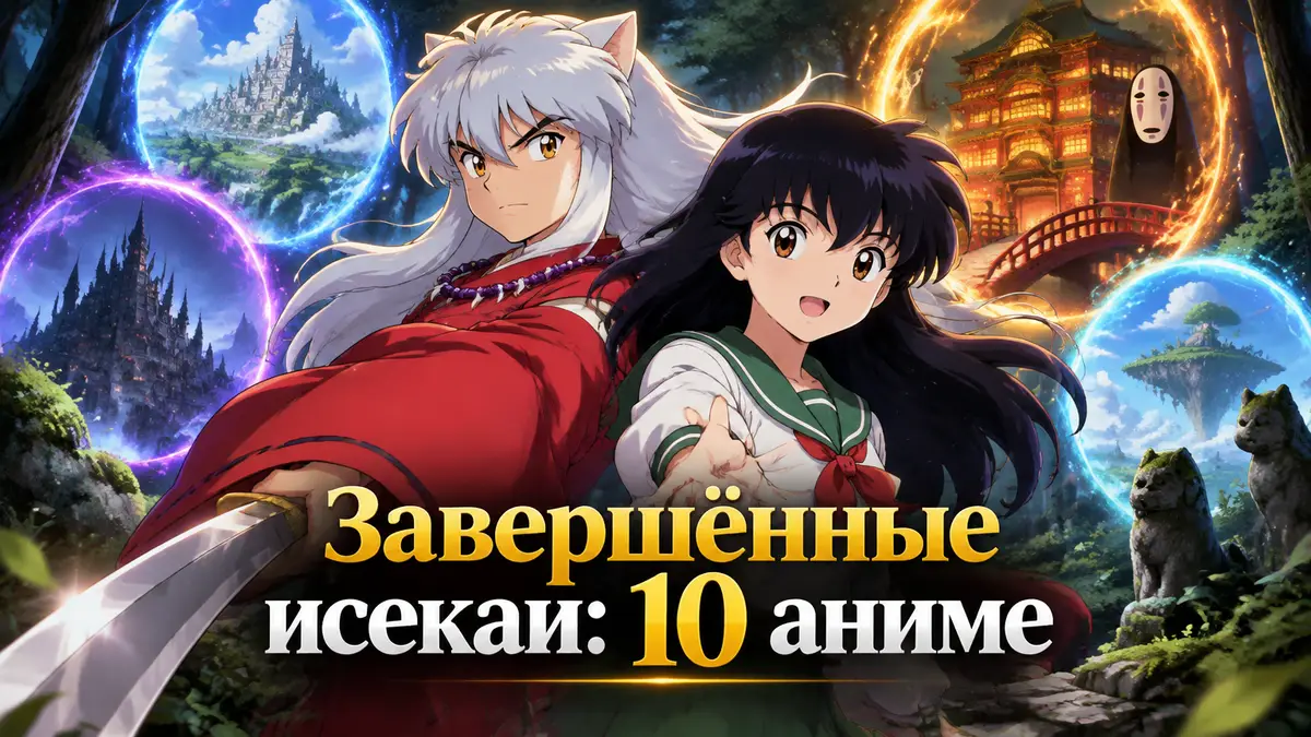 Кагомэ и Инуяся в фэнтезийном лесу, за ними порталы в миры исекай-аниме и купальня духов