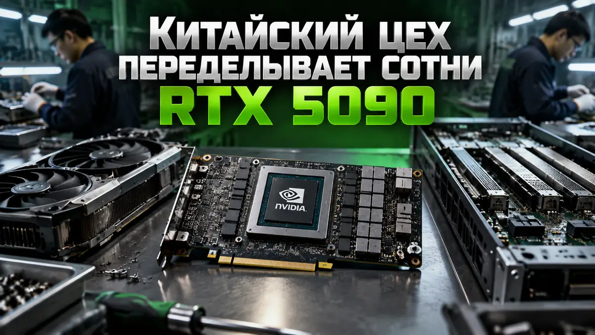Видеокарта Nvidia GeForce RTX 5090 на столе цеха рядом со снятым кулером и серверной платой для ИИ