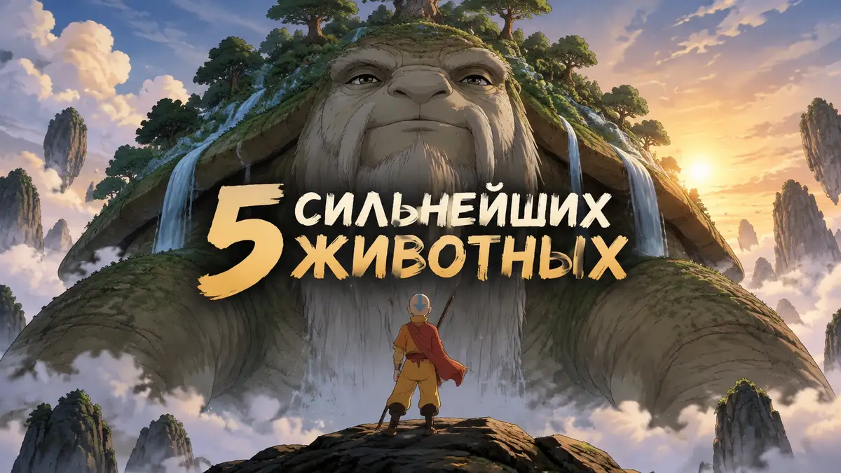 Огромная львиная черепаха с лесом на панцире и маленький Аанг перед ней, стиль «Аватар: Легенда об Аанге»