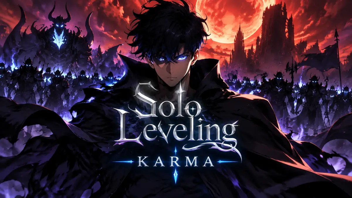 Сон Джин-у в чёрном плаще с армией теней на фоне логотипа Solo Leveling: Karma и пылающего неба