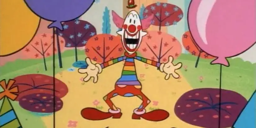 Mr Mime from the Powerpuff Girls stands in a colorful forest with balloons