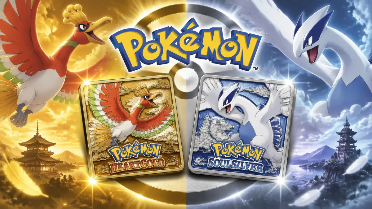 Значки Pokémon HeartGold и SoulSilver с обложками Ho-Oh и Lugia в сверкающей рамке на фоне логотипа