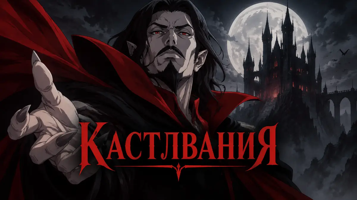 Дракула из сериала «Кастлвания» Netflix на фоне готического замка и полной луны в мрачном стиле