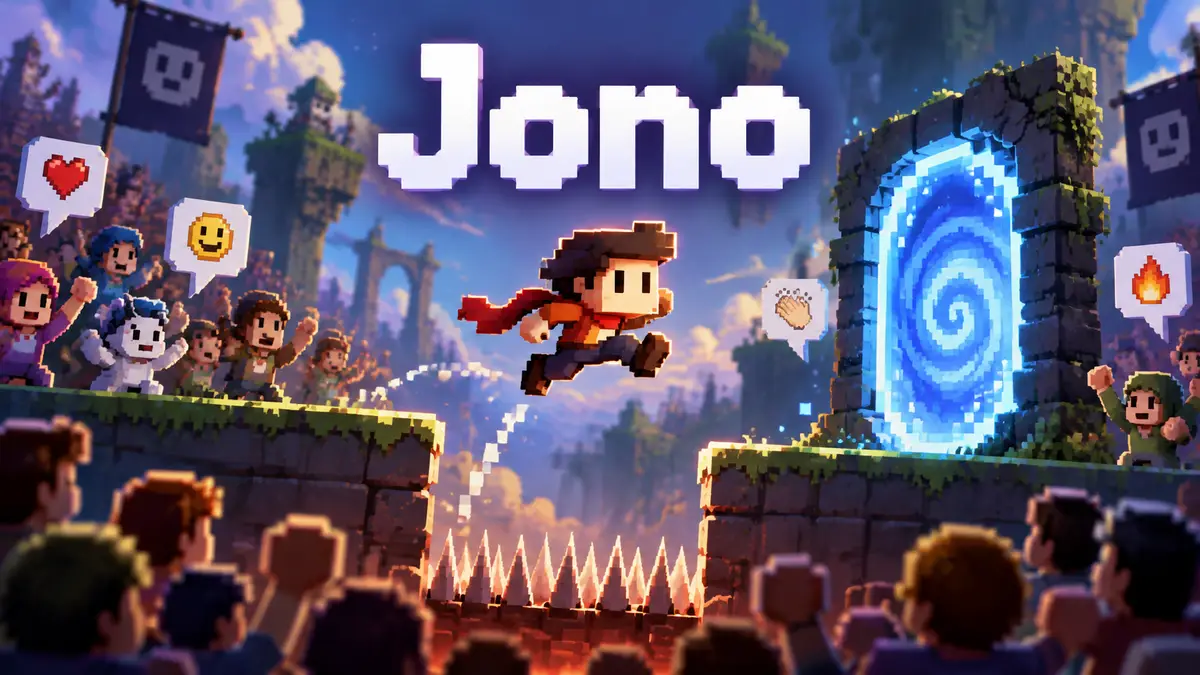 Пиксельный герой платформера Jono прыгает над шипами к порталу, вокруг толпа зрителей с эмодзи