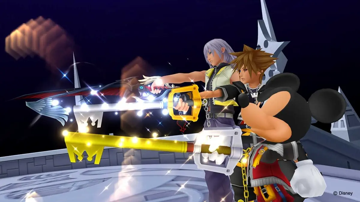 Kingdom Hearts II screenshot of Sora and Mickey with keyblades