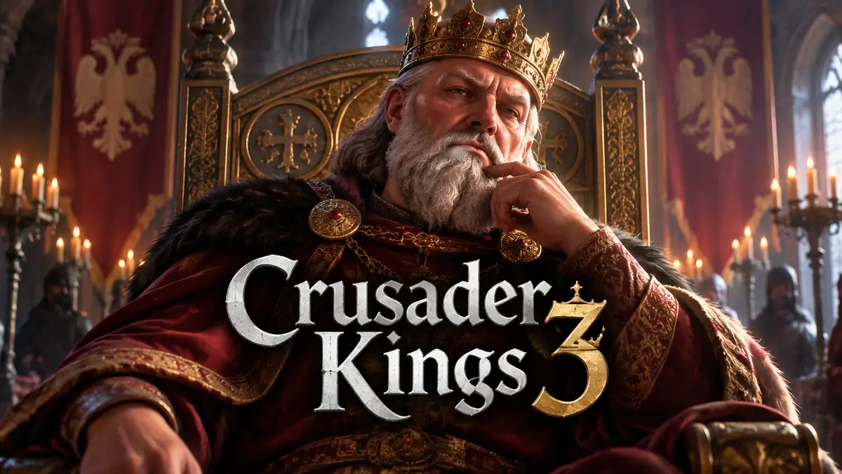 Пожилой славянский император Crusader Kings 3 в короне на фоне тронного зала