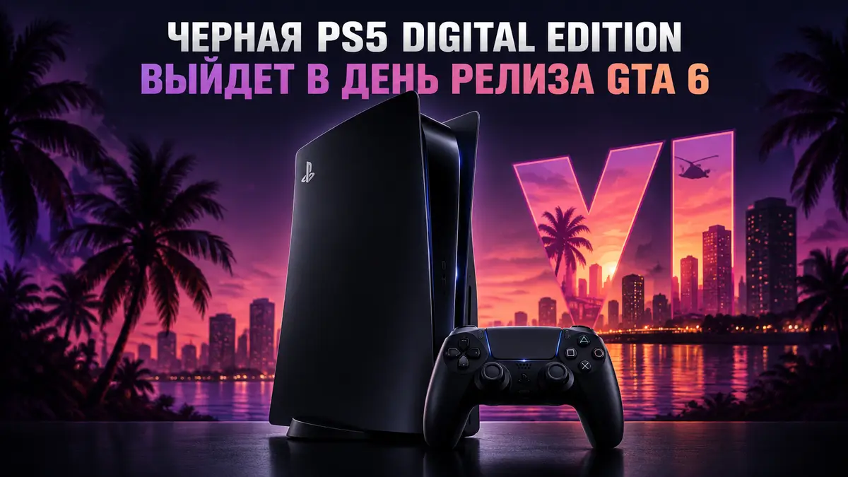 Черная PlayStation 5 Midnight Black Digital Edition с геймпадом в центре на темном фоне в стиле постера