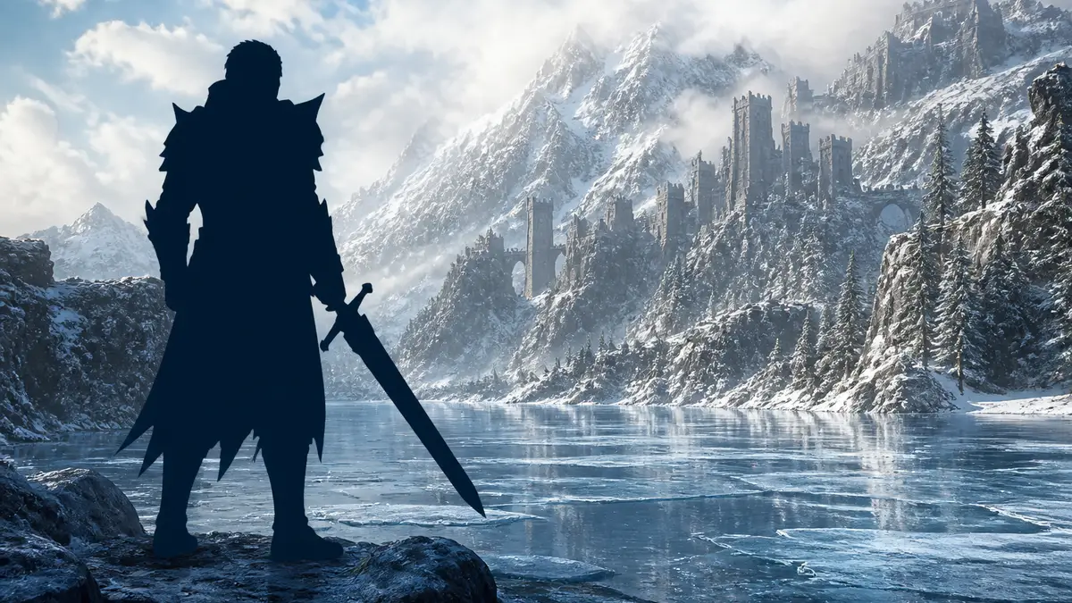 Персонаж в доспехах на фоне замерзшего озера в Dragon's Dogma 2