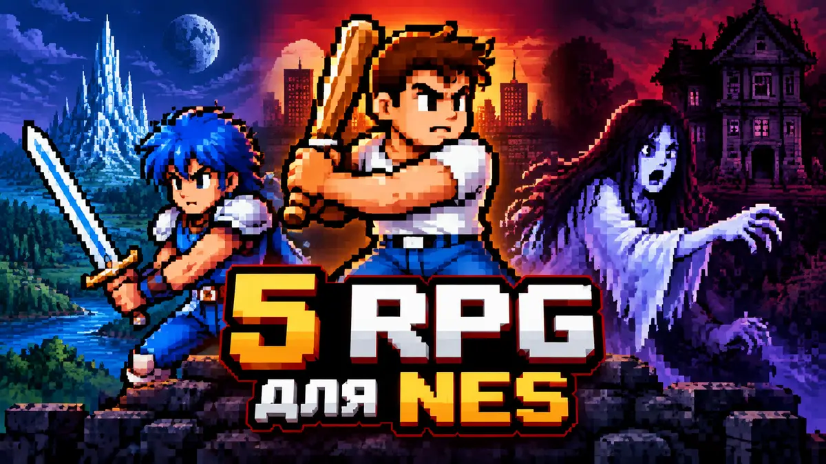 Герои RPG для NES: боец River City Ransom с битой, мечник Crystalis и призрак Sweet Home в пиксельном стиле