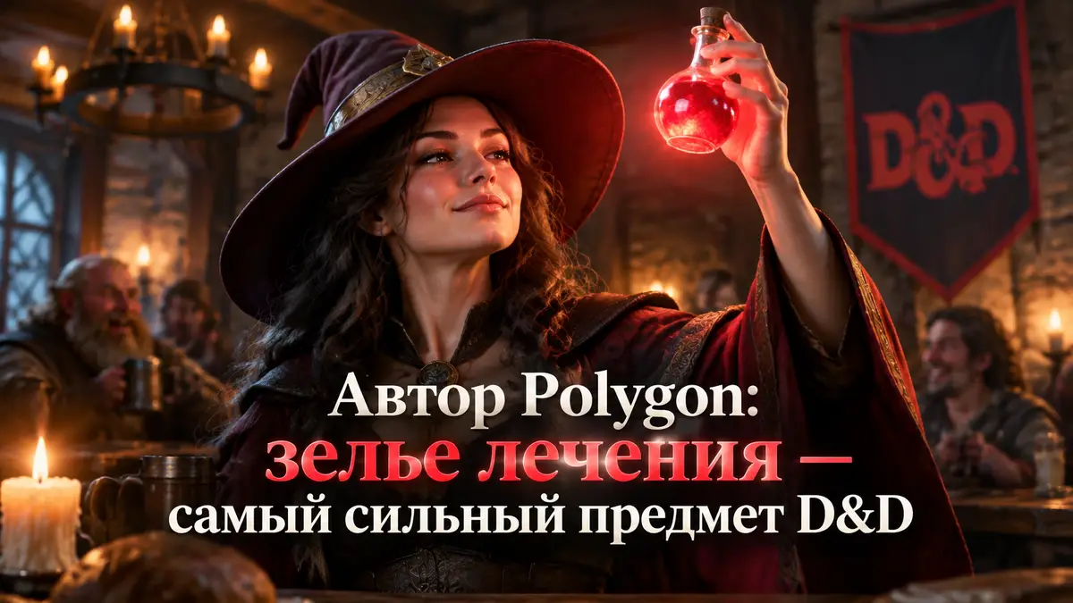 Фэнтезийная волшебница поднимает светящееся красное зелье лечения в таверне в стиле Dungeons & Dragons