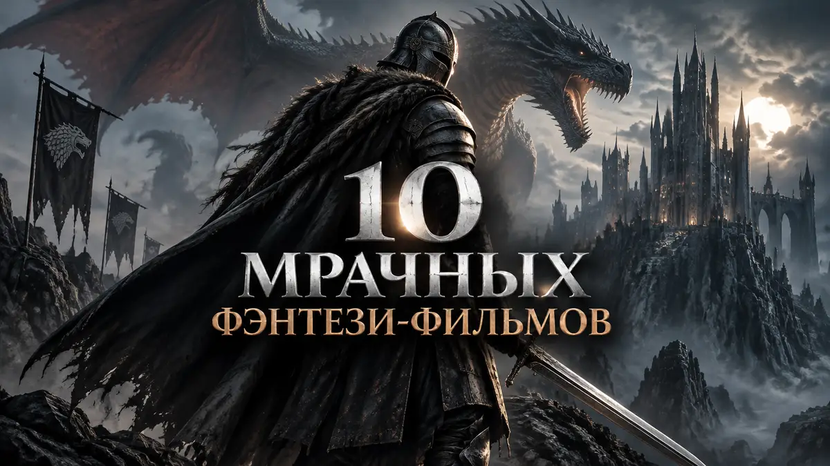 Рыцарь в доспехах с мечом на фоне дракона и мрачного замка, постер подборки фэнтези для фанатов «Игры престолов»