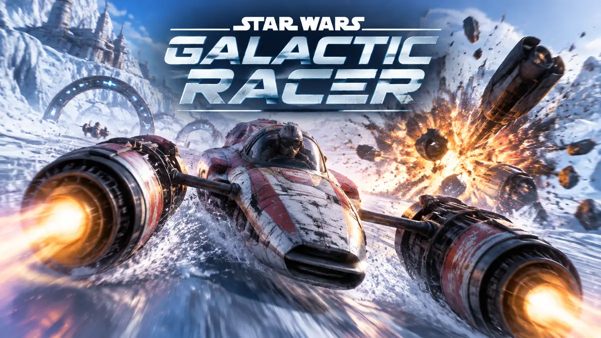 Подрейсер Star Wars: Galactic Racer несётся по ледяной трассе среди искр и обломков в стиле Burnout