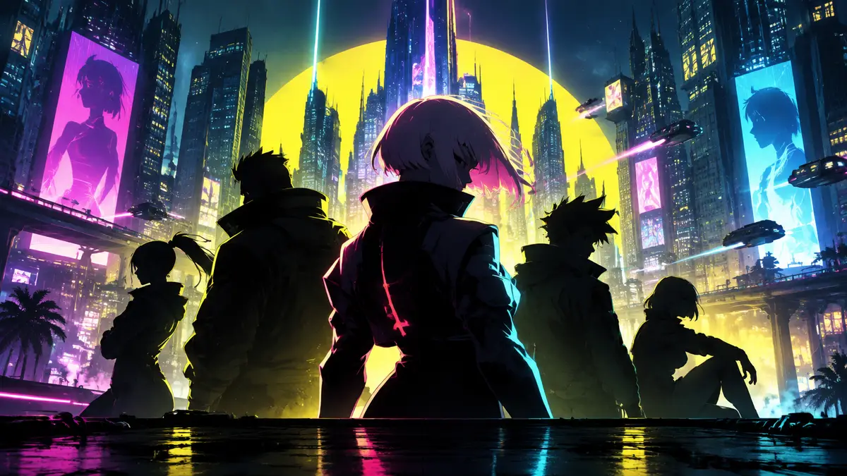 Постер Cyberpunk: Edgerunners 2 с персонажами аниме на фоне неонового Найт-Сити
