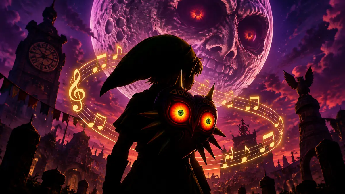 Линк в маске на фоне зловещей Луны и логотипа The Legend of Zelda: Majora's Mask, саундтрек Nintendo