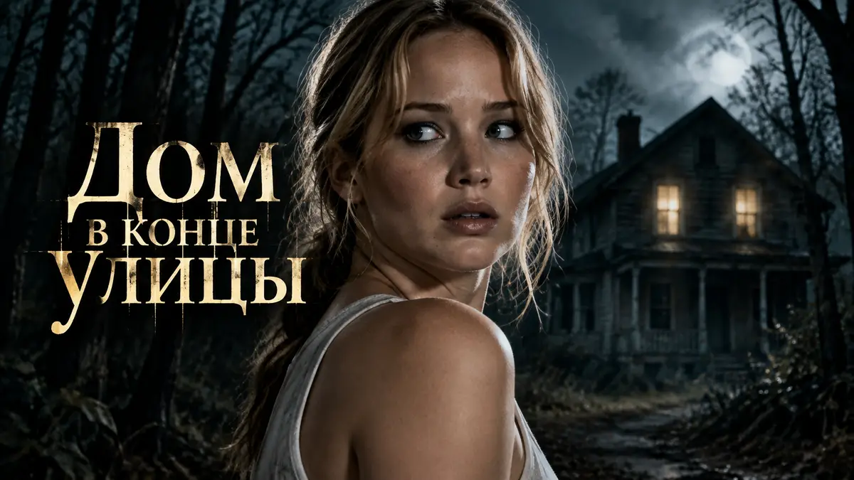 Дженнифер Лоуренс в образе Элиссы на фоне мрачного дома в лесу, постер хоррора «Дом в конце улицы»