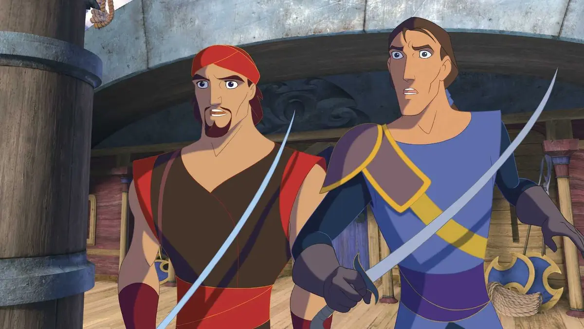 Sinbad and Prince Proteus look shocked while holding swords in Sinbad Legend of the Seven Seas
